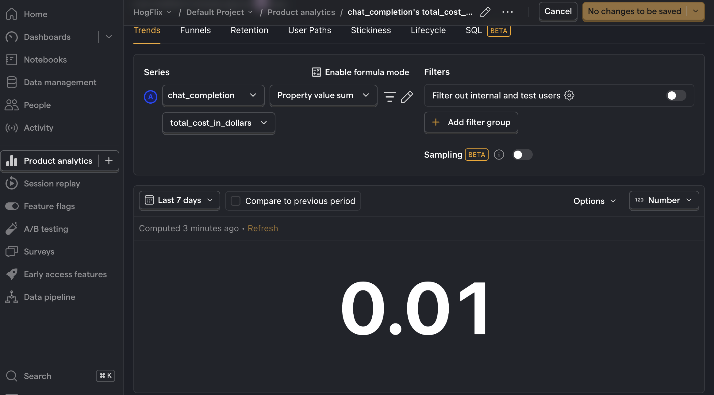 Total ChatGPT model costs in PostHog