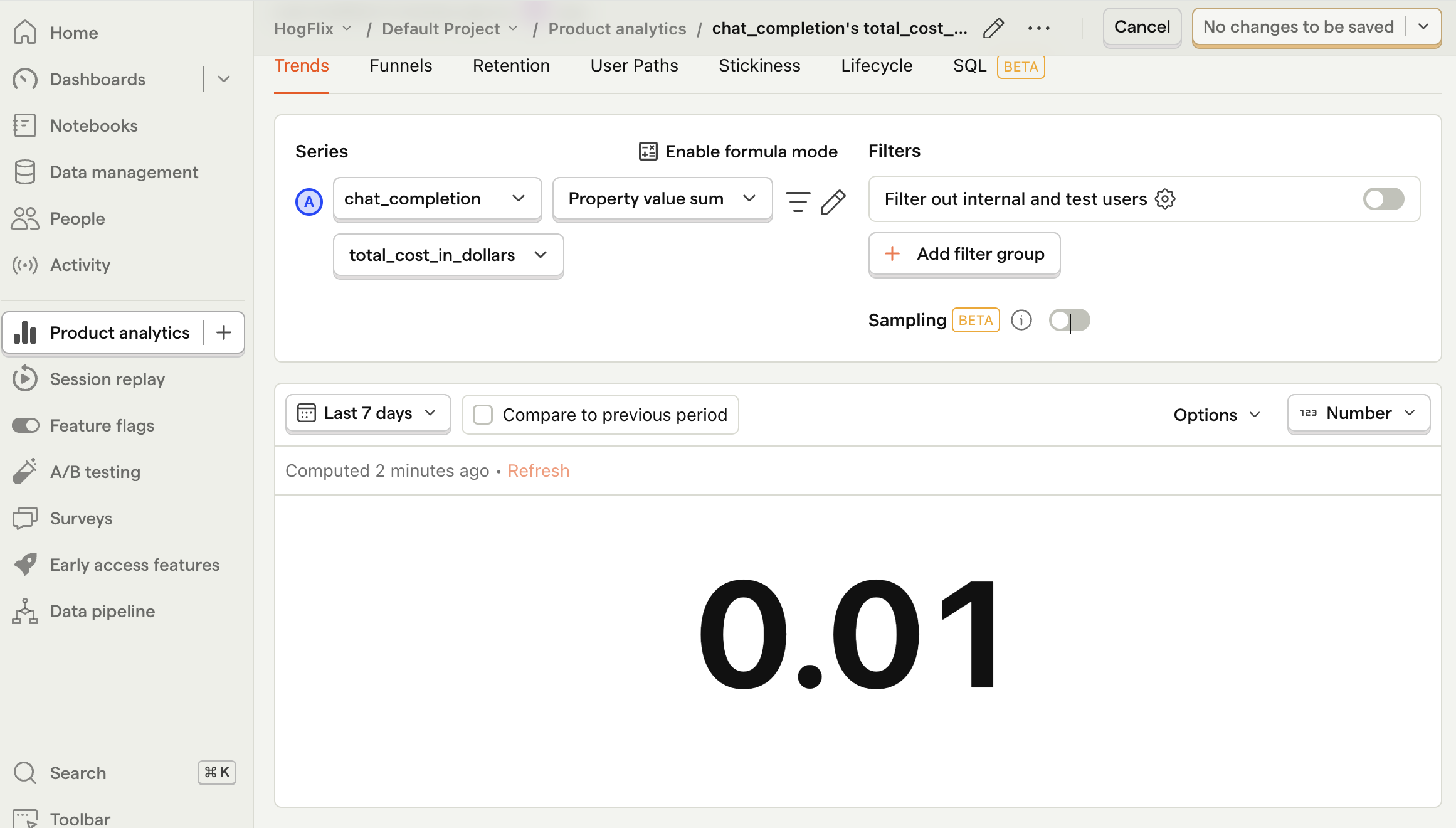 Total ChatGPT model costs in PostHog