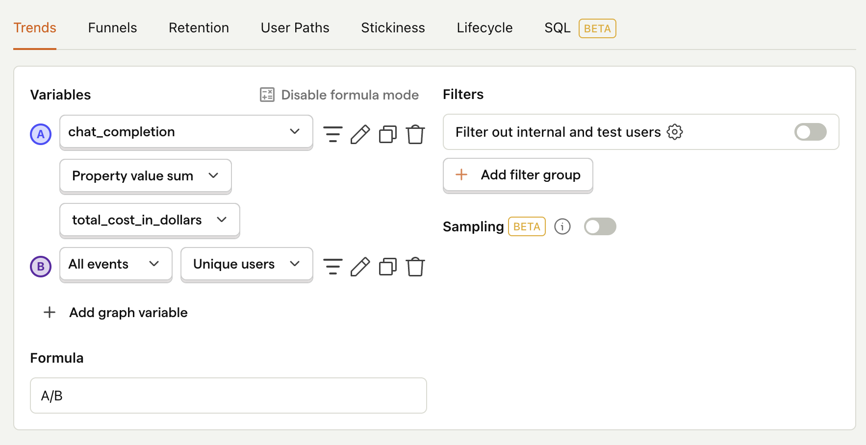 Total ChatGPT costs per user in PostHog