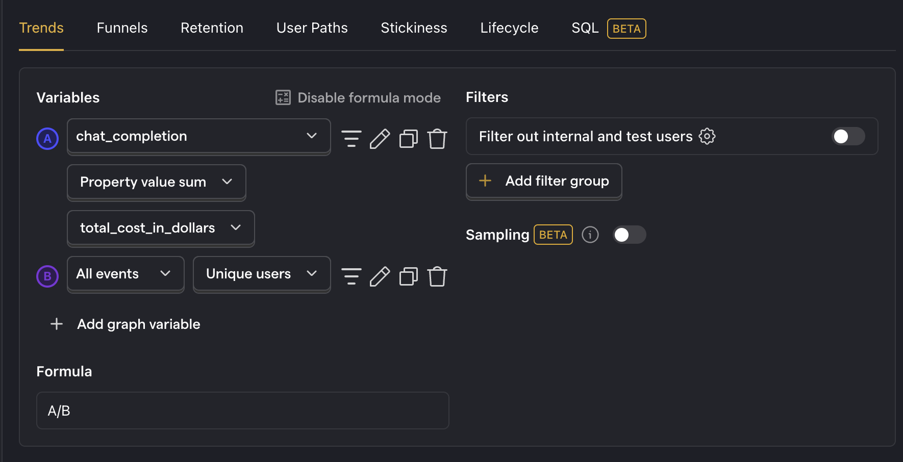 Total ChatGPT costs per user in PostHog