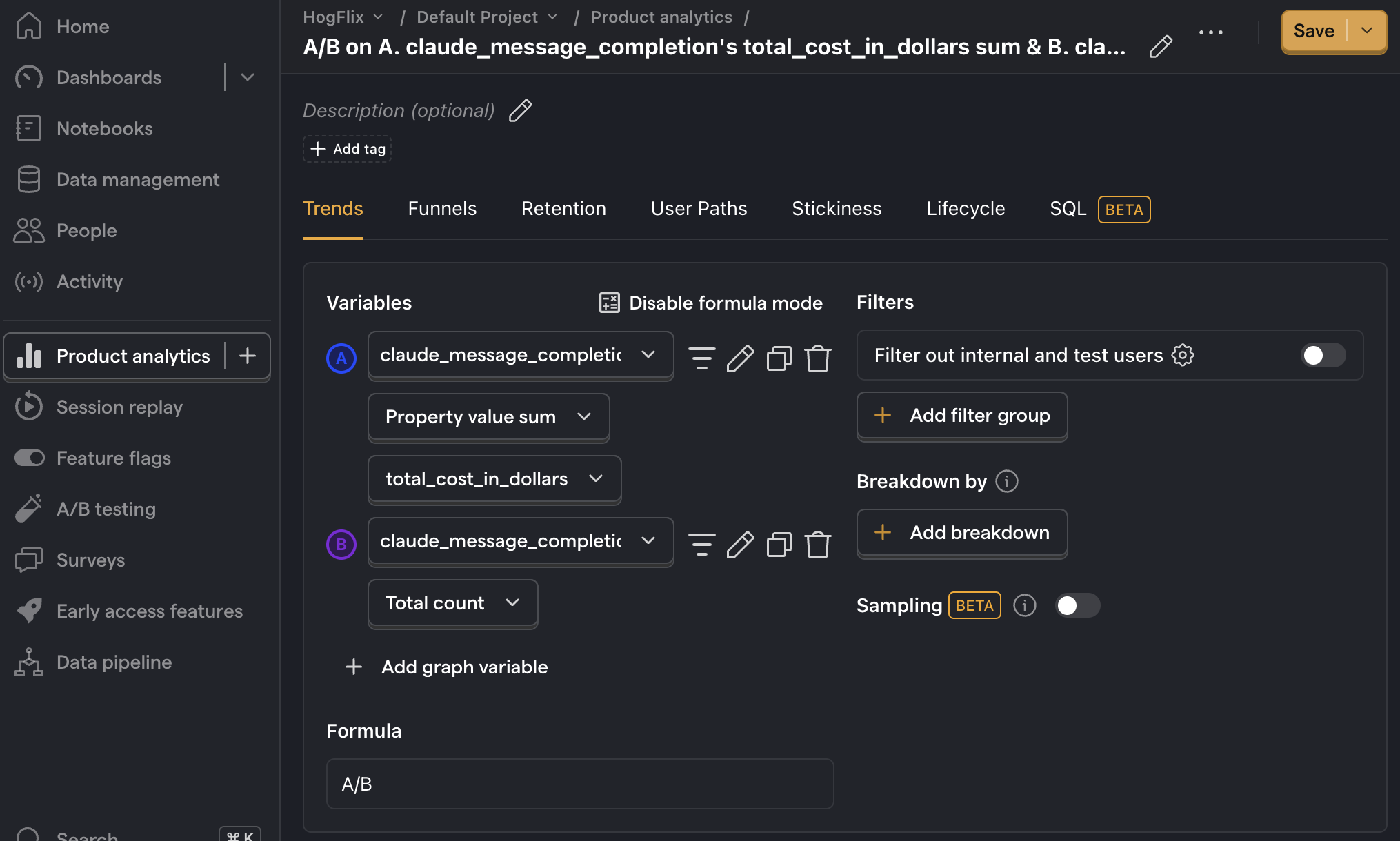 Total Anthropic costs per user in PostHog