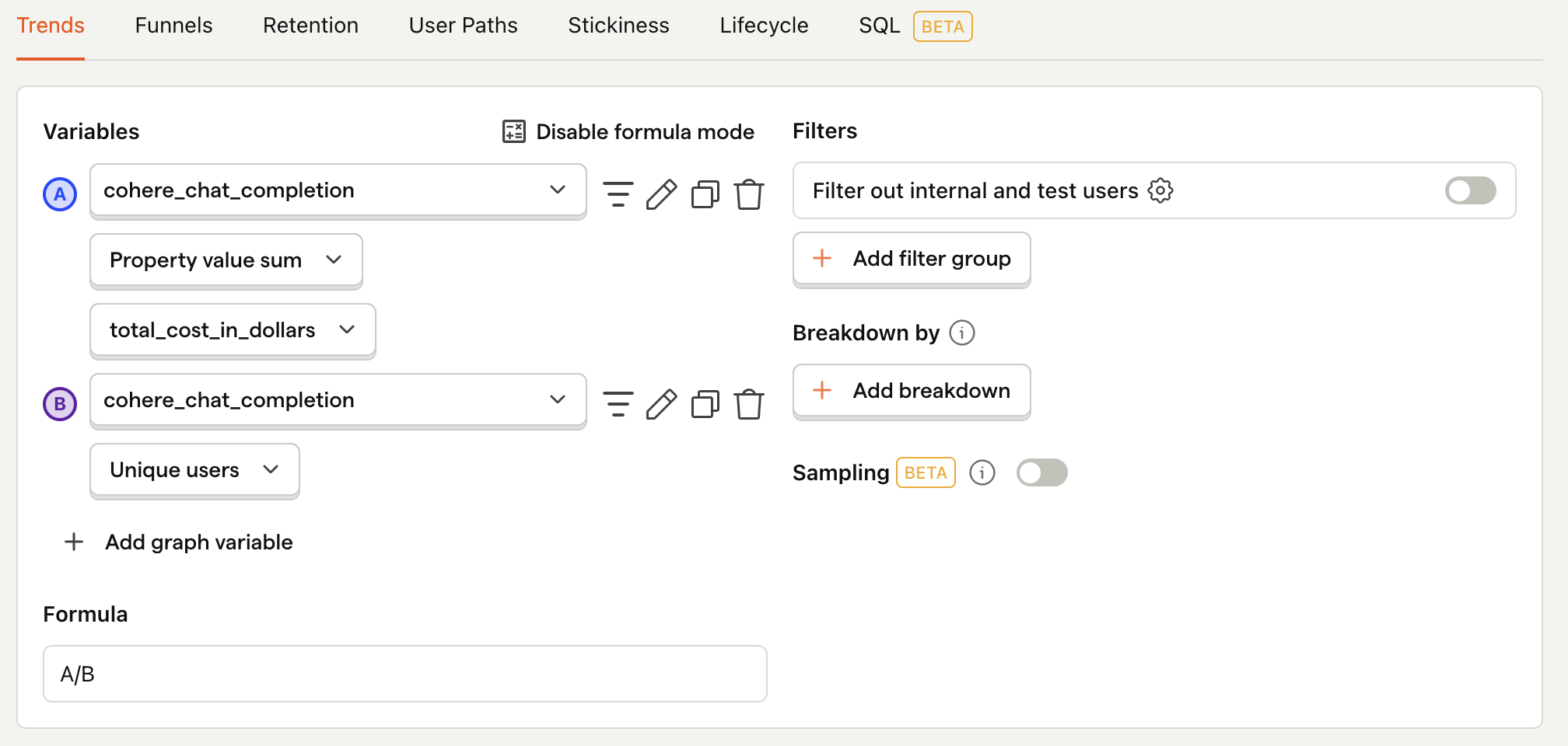 Total Cohere costs per user in PostHog