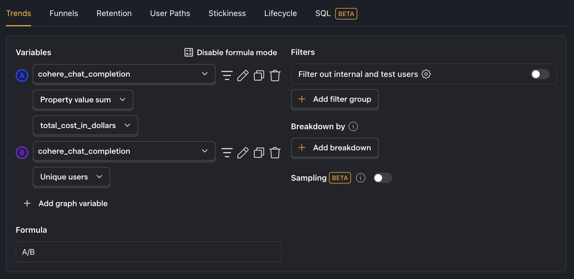 Total Cohere costs per user in PostHog