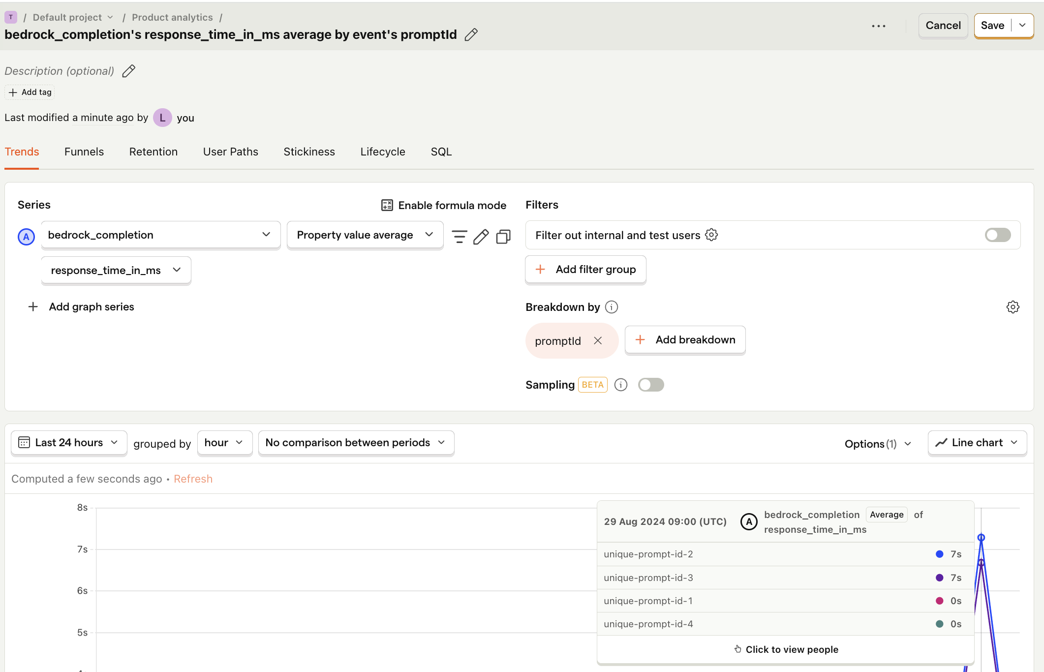 Response time by prompt in PostHog