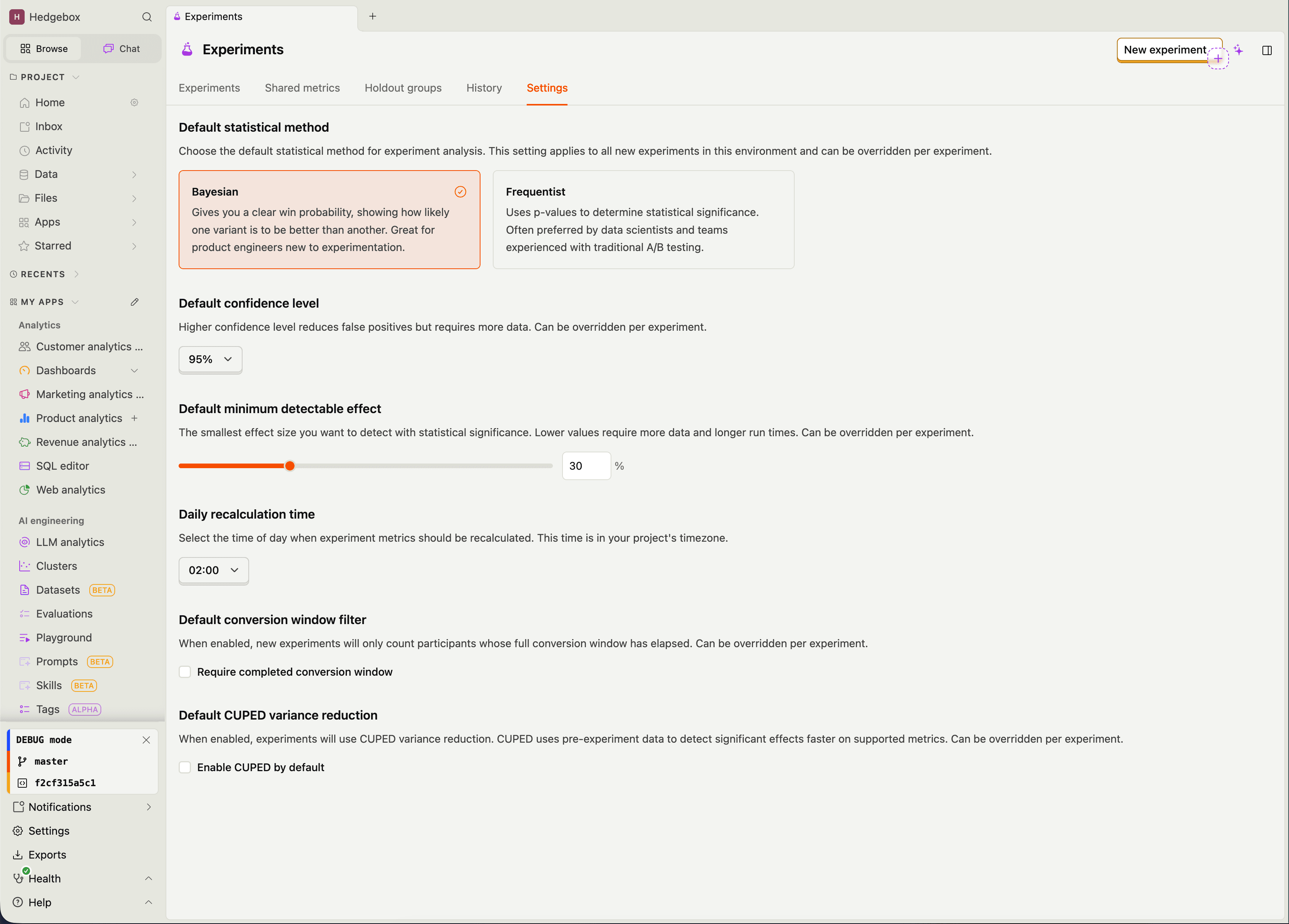 Updated experiments settings page