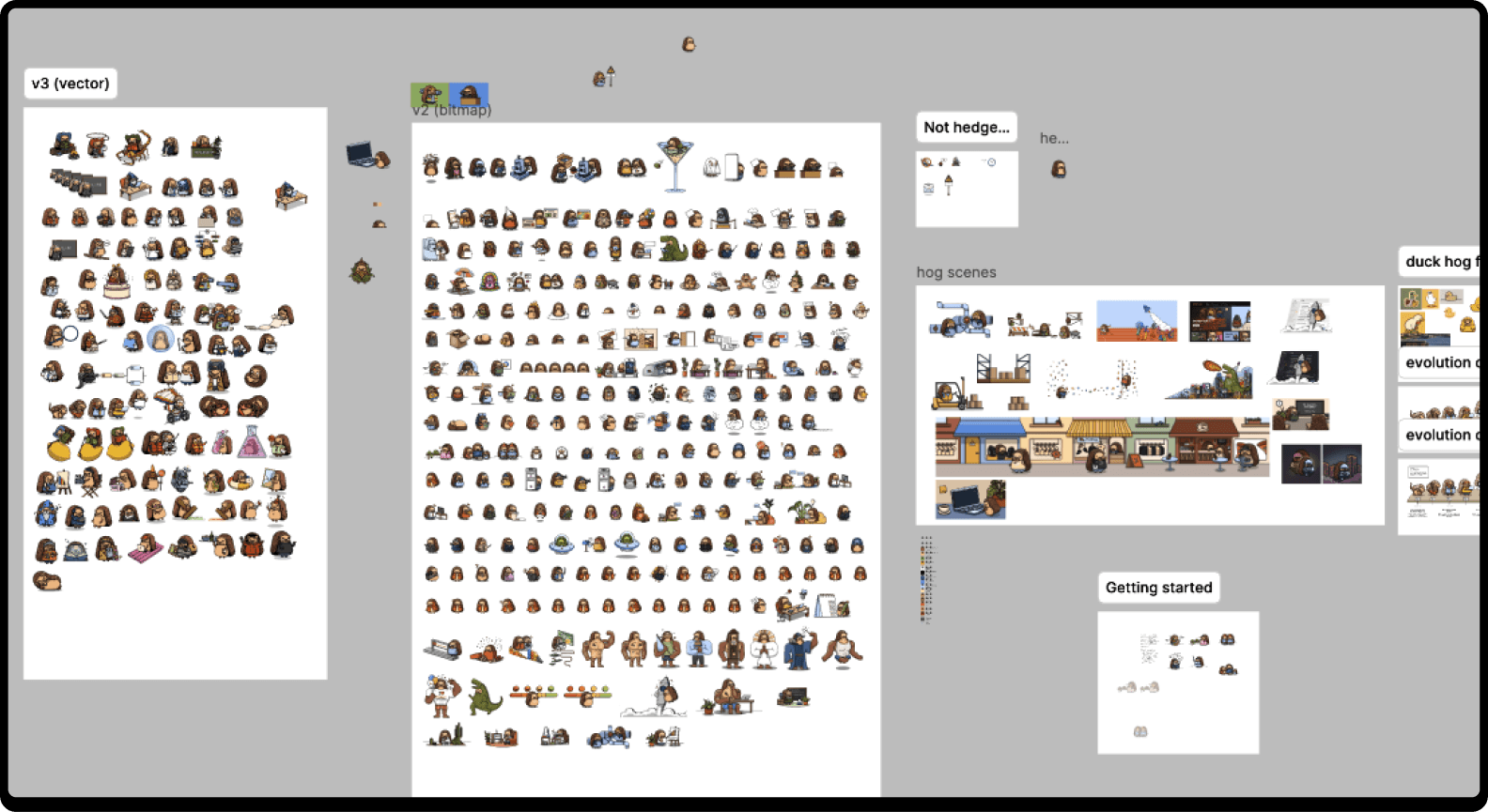 The "Hoggies" Figma file showing the hedgehog illustration organization problem
