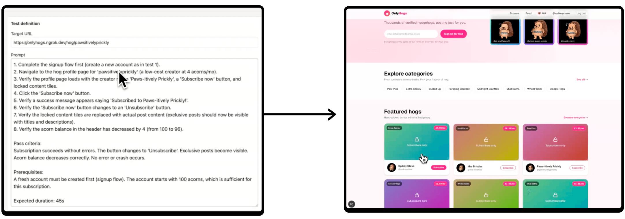 The OnlyHogs demo app used to show a UI testing agent tool in action