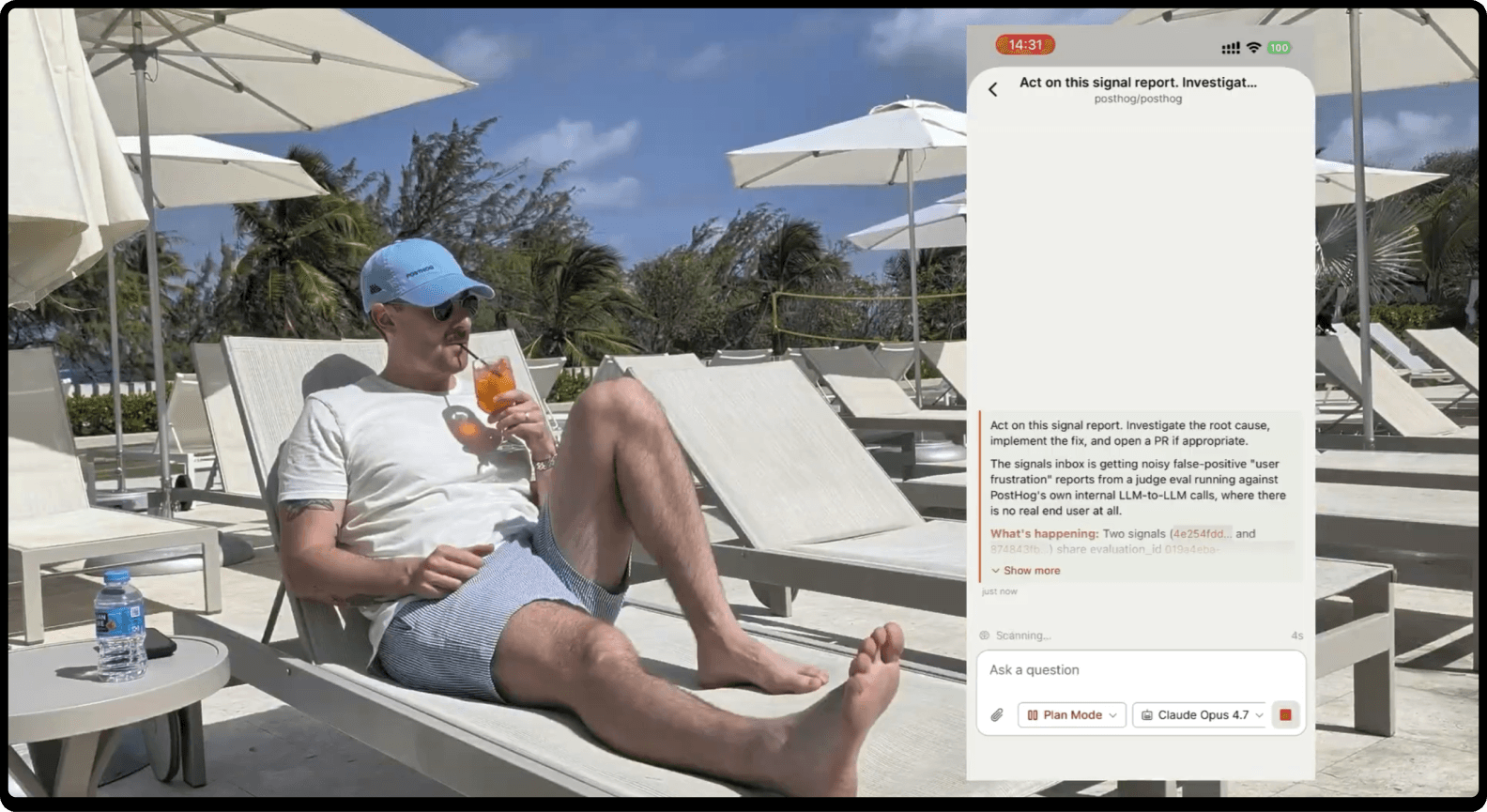 PostHog Code mobile app demo with Dylan's piña colada background clips