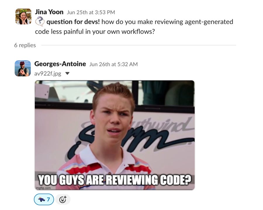 Slack thread asking devs how they review agent-generated code, with a joke reply meme