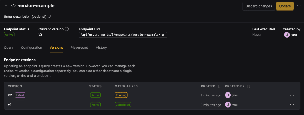 endpoints versions tab