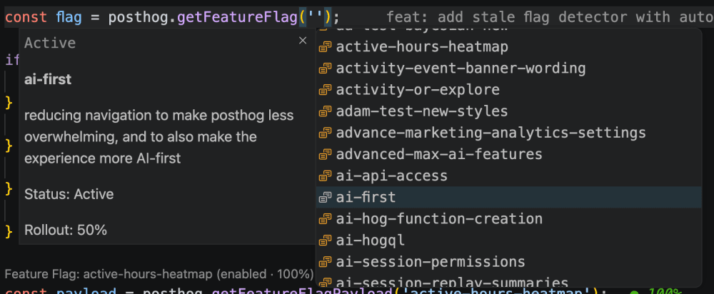 PostHog VS Code extension autocomplete suggestions