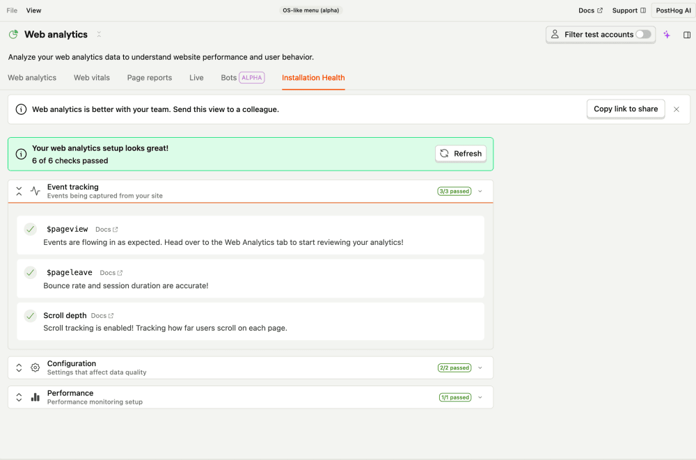 Scroll-depth tracking disabled check in the Health checks section in the PostHog app