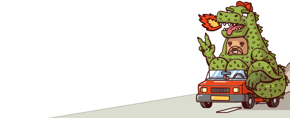 A hedgehog driving down the road in a dinosaur costume