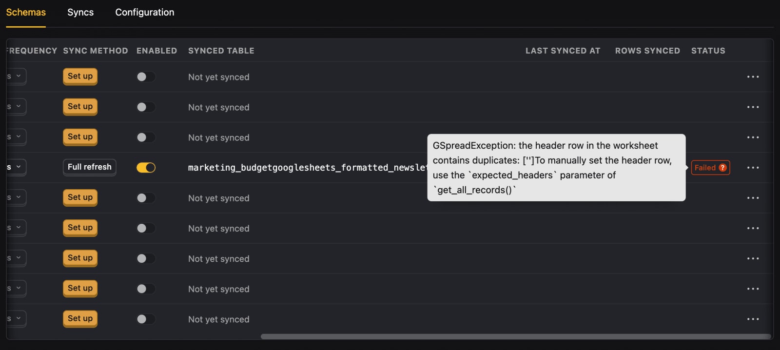 Viewing the error message for a failed sync