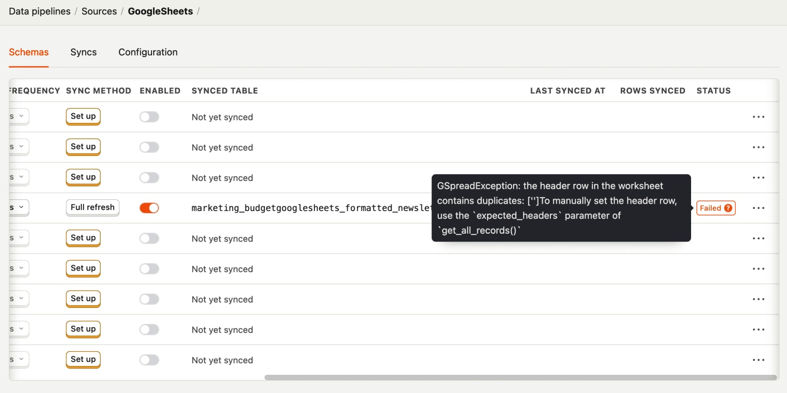 Viewing the error message for a failed sync