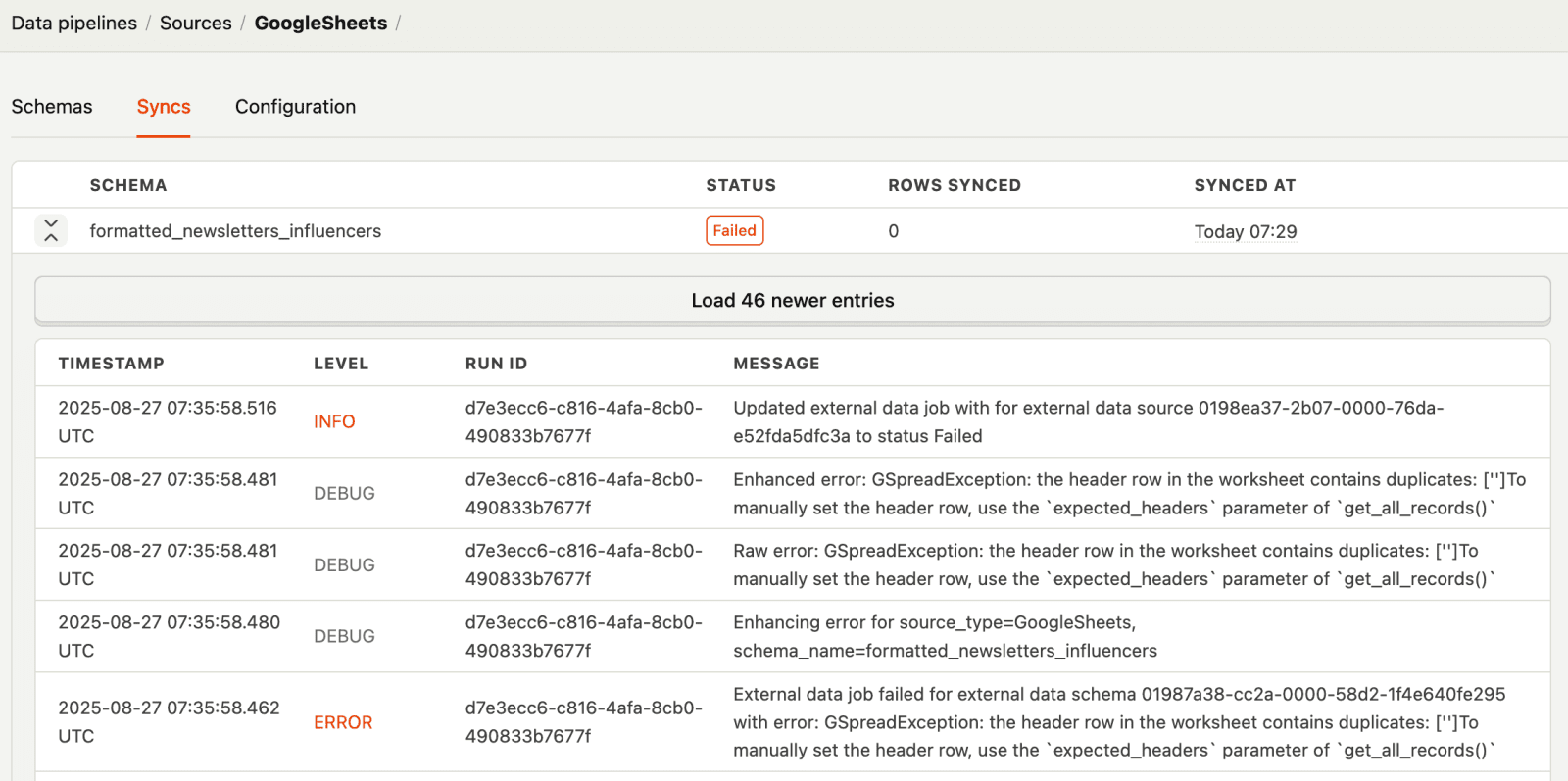 Viewing the logs for a failed sync