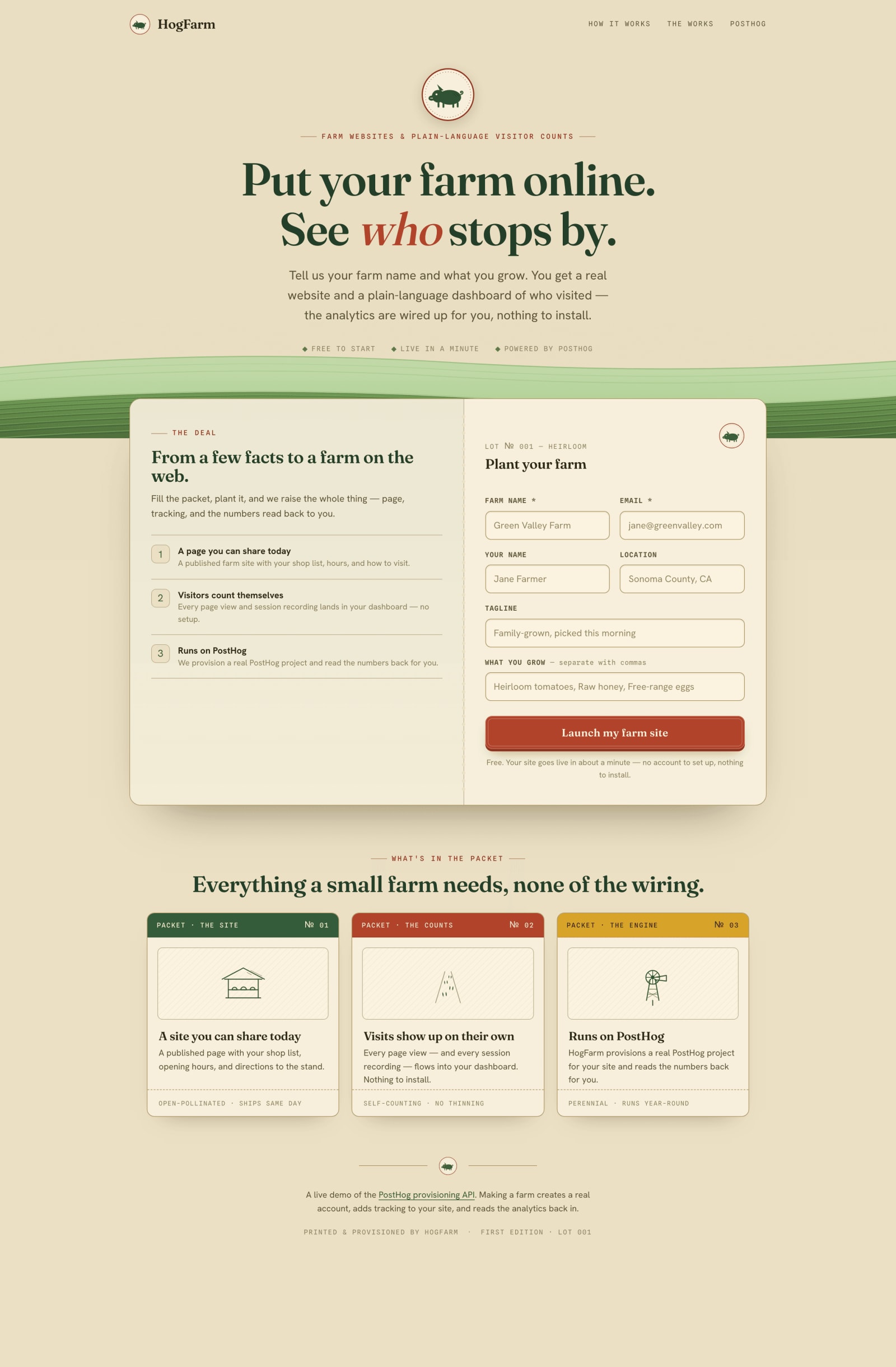 The HogFarm builder: a farmer enters their farm name and what they grow