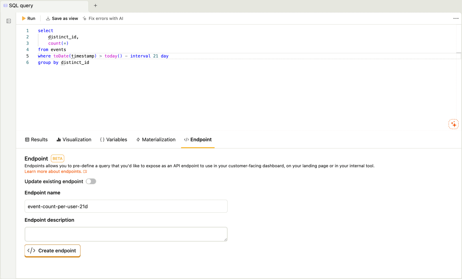 Creating an endpoint from a SQL query