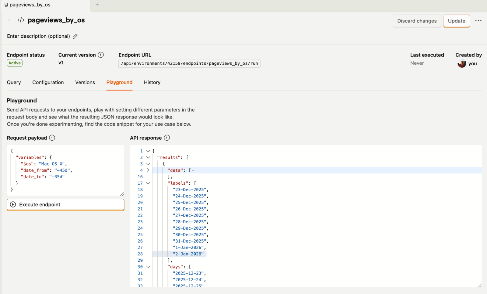 Executing a non-materialized insight-based endpoint in the Playground tab with date filters