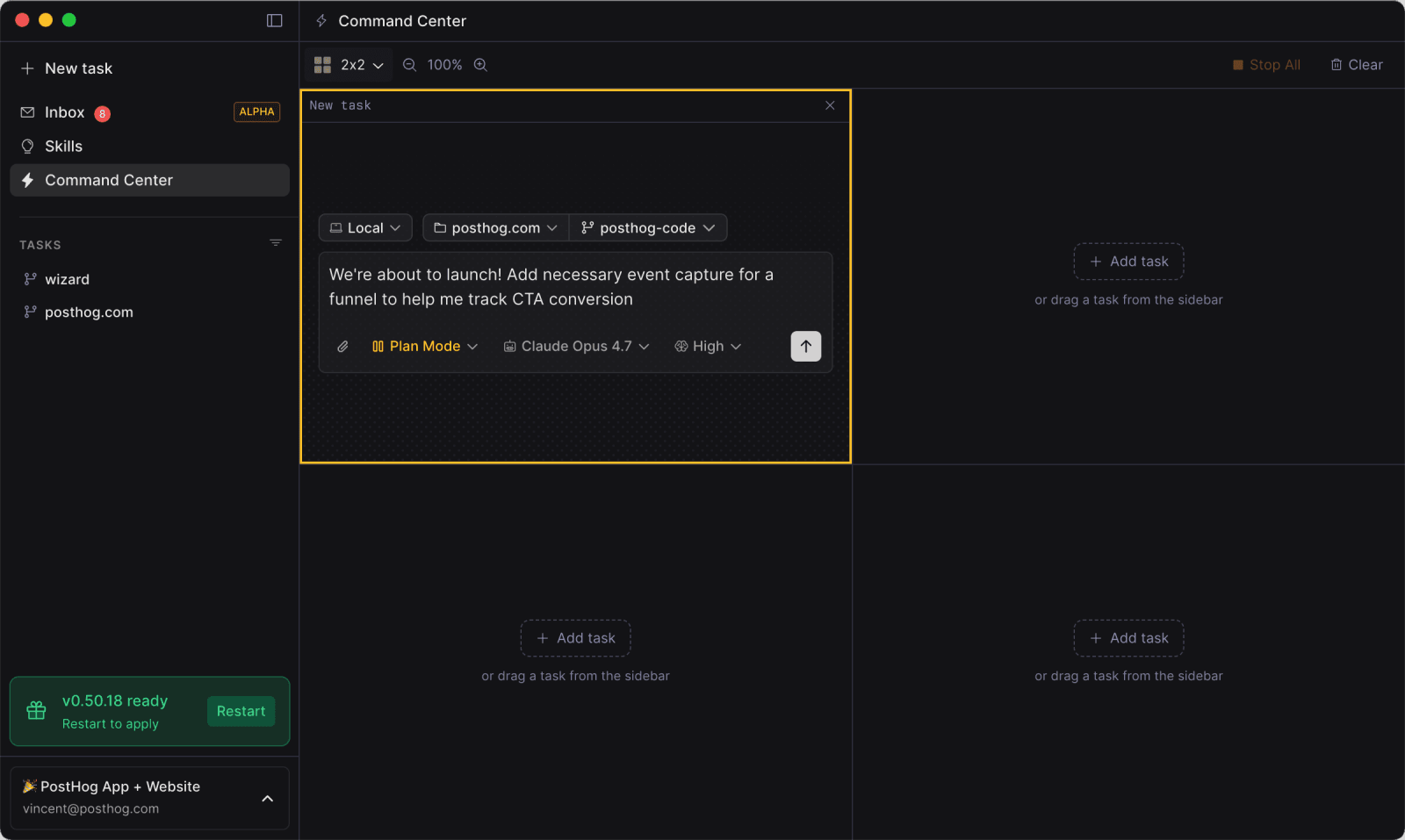Command Center showing multiple agent tasks in a grid