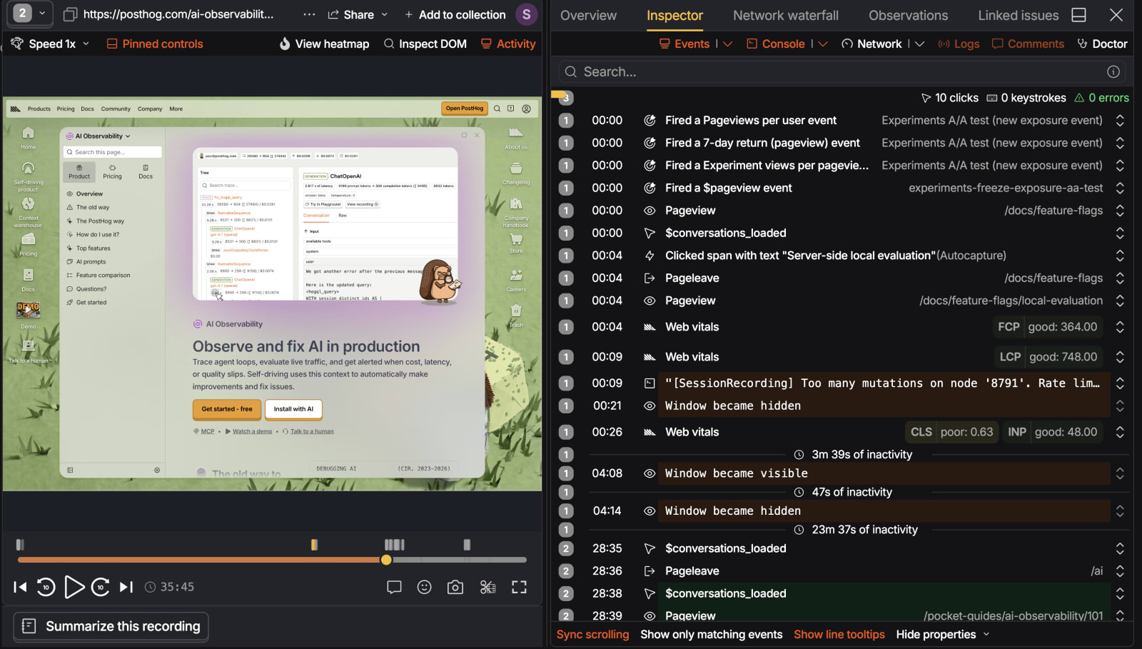 A session playing back on the left, with the inspector's event list beside it