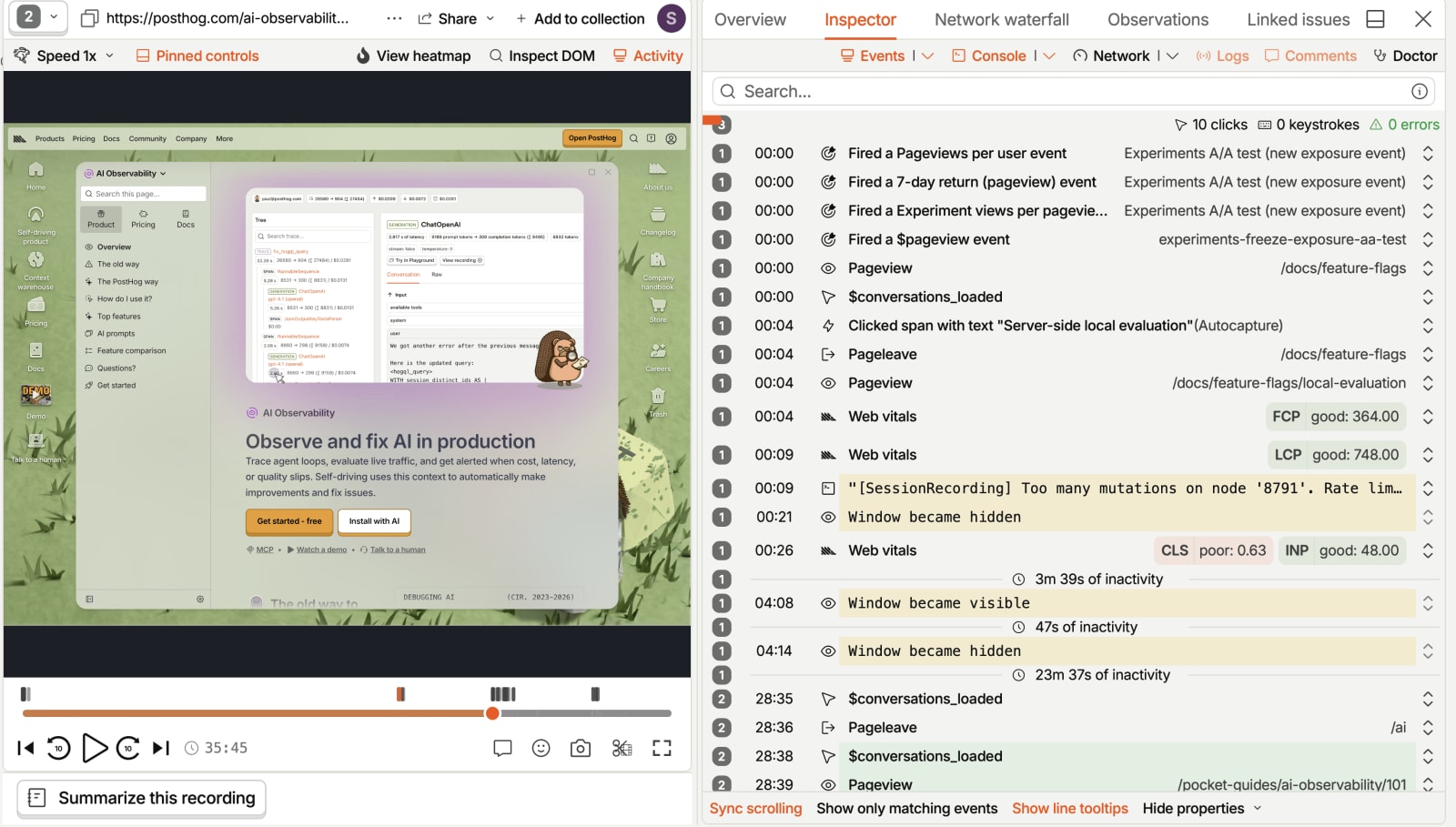 A session playing back on the left, with the inspector's event list beside it