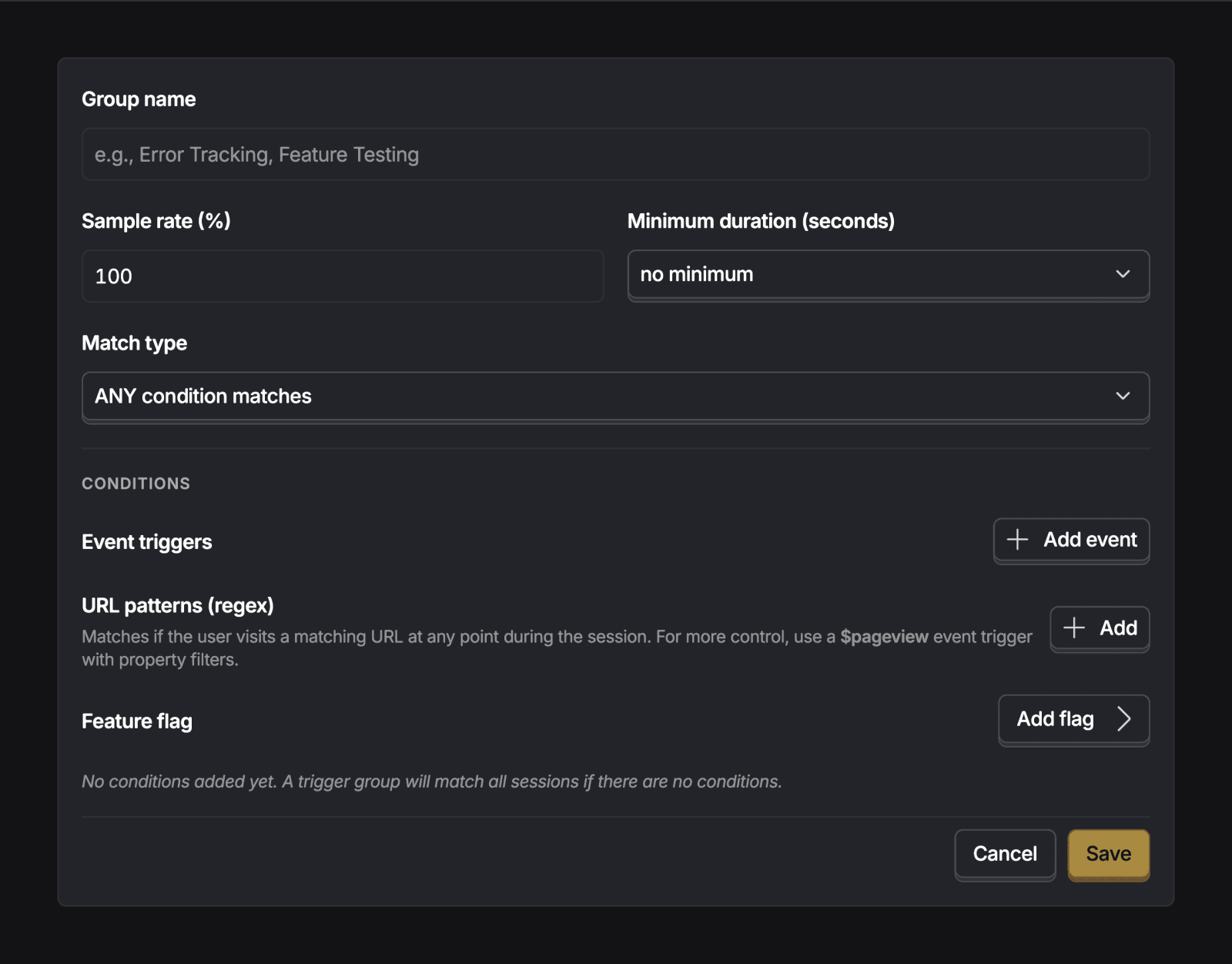 A trigger group's settings: group name, sample rate, minimum duration, match type, and its conditions