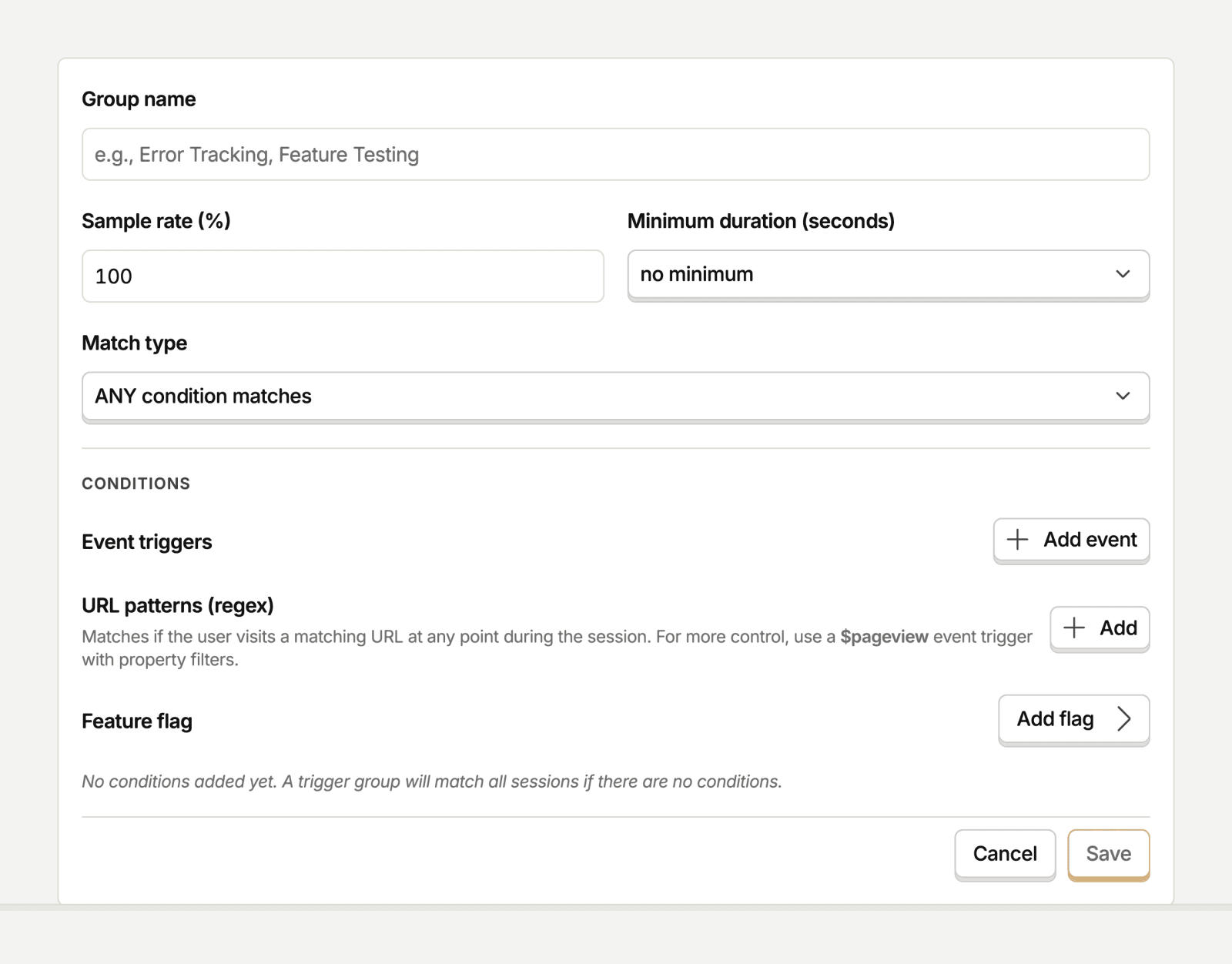 A trigger group's settings: group name, sample rate, minimum duration, match type, and its conditions