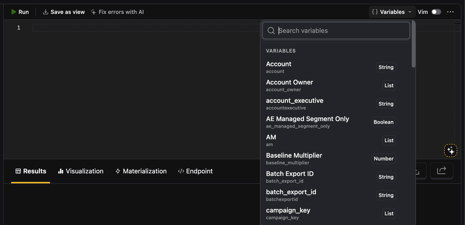 SQL variables dropdown in the toolbar