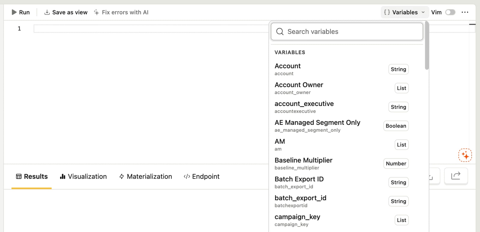 SQL variables dropdown in the toolbar