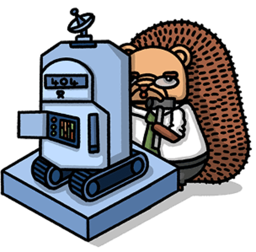 A hedgehog engineer repairing a robot