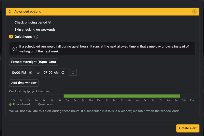Quiet hours configuration in the alert form