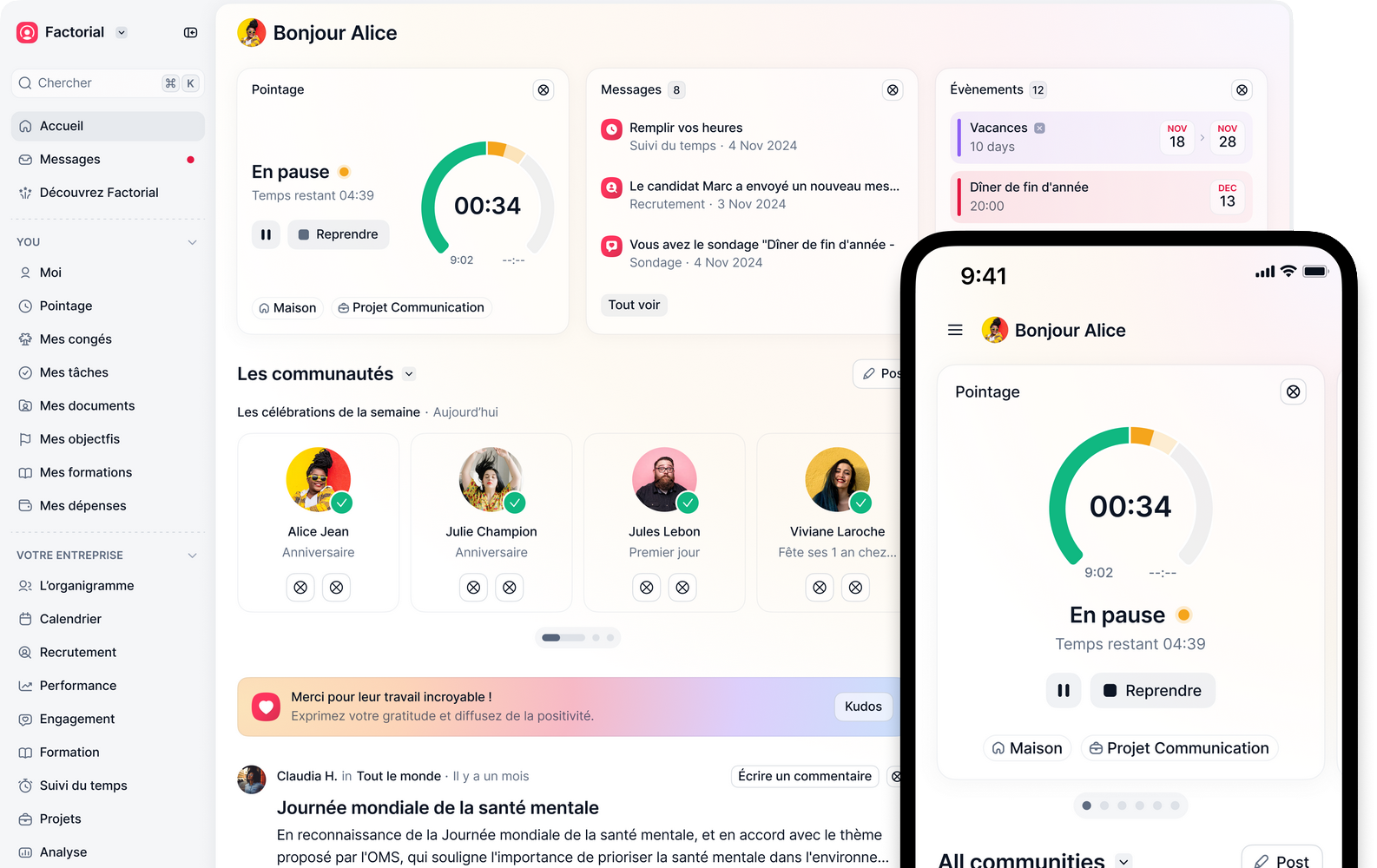 Application mobile Factorial affichant l'espace collaborateur SIRH