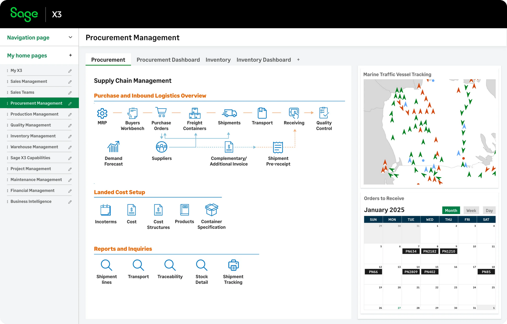 Interface de l'ERP Sage X3 affichant un tableau de bord de gestion d'entreprise