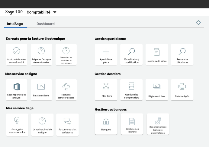 Interface cloud de l'ERP Sage 100 affichant un tableau de bord de gestion d'entreprise