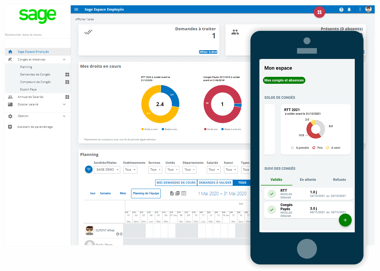 Interface Sage Espace Employés affichant la gestion des congés et absences