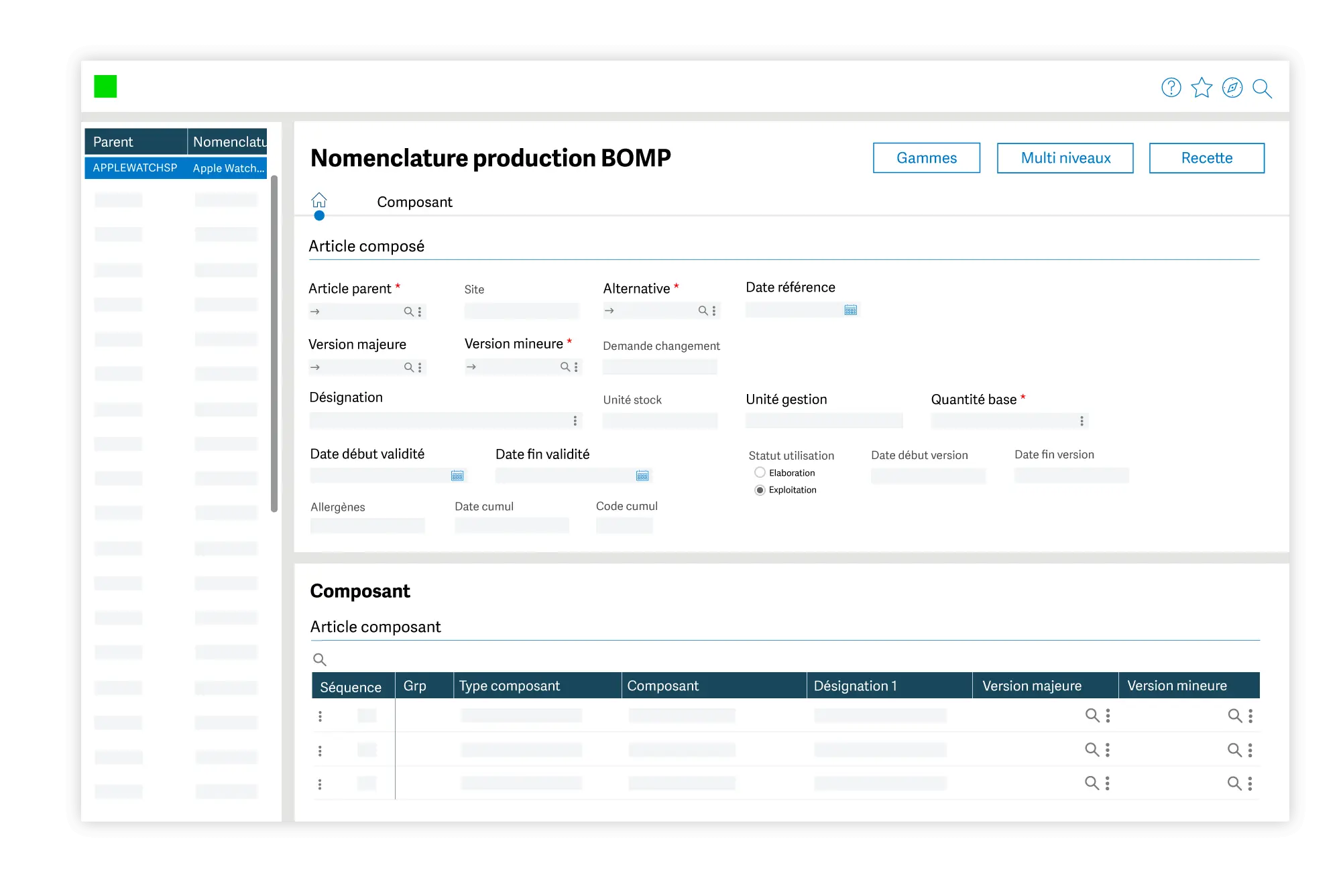 Interface Sage X3 de planification des nomenclatures multi-niveaux pour l'industrie