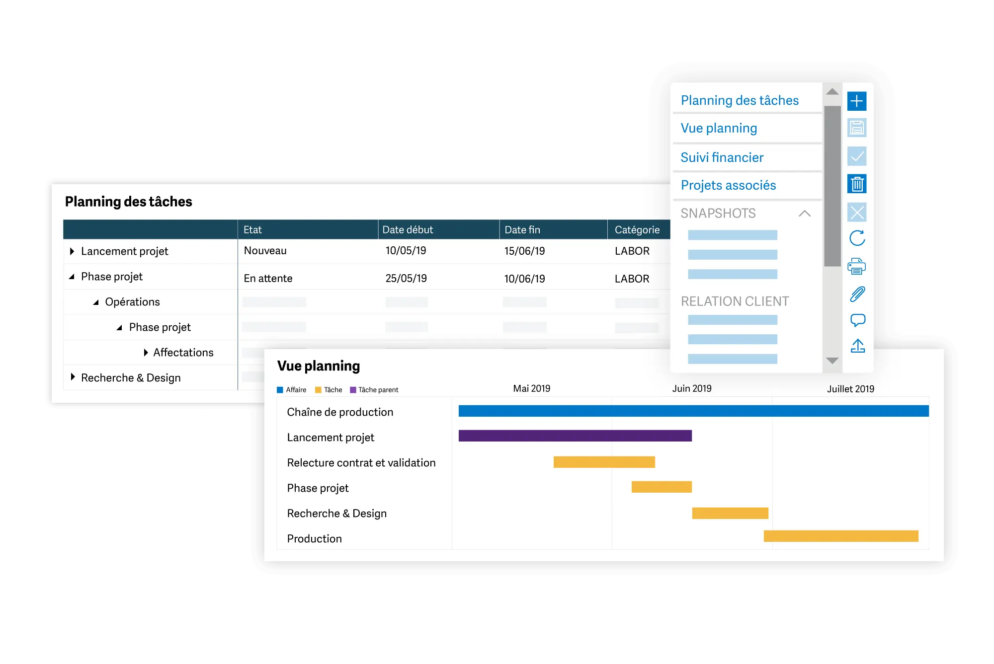 Interface Sage X3 de gestion de projet avec organigramme des tâches et suivi budgétaire
