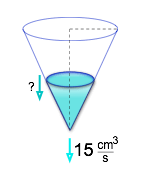 Water drains from a cone at 15 cubic-cm each second.