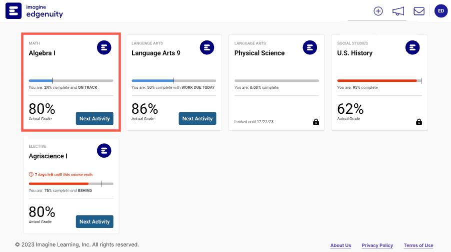 Screenshot of Edgenuity platform showing unit test structure