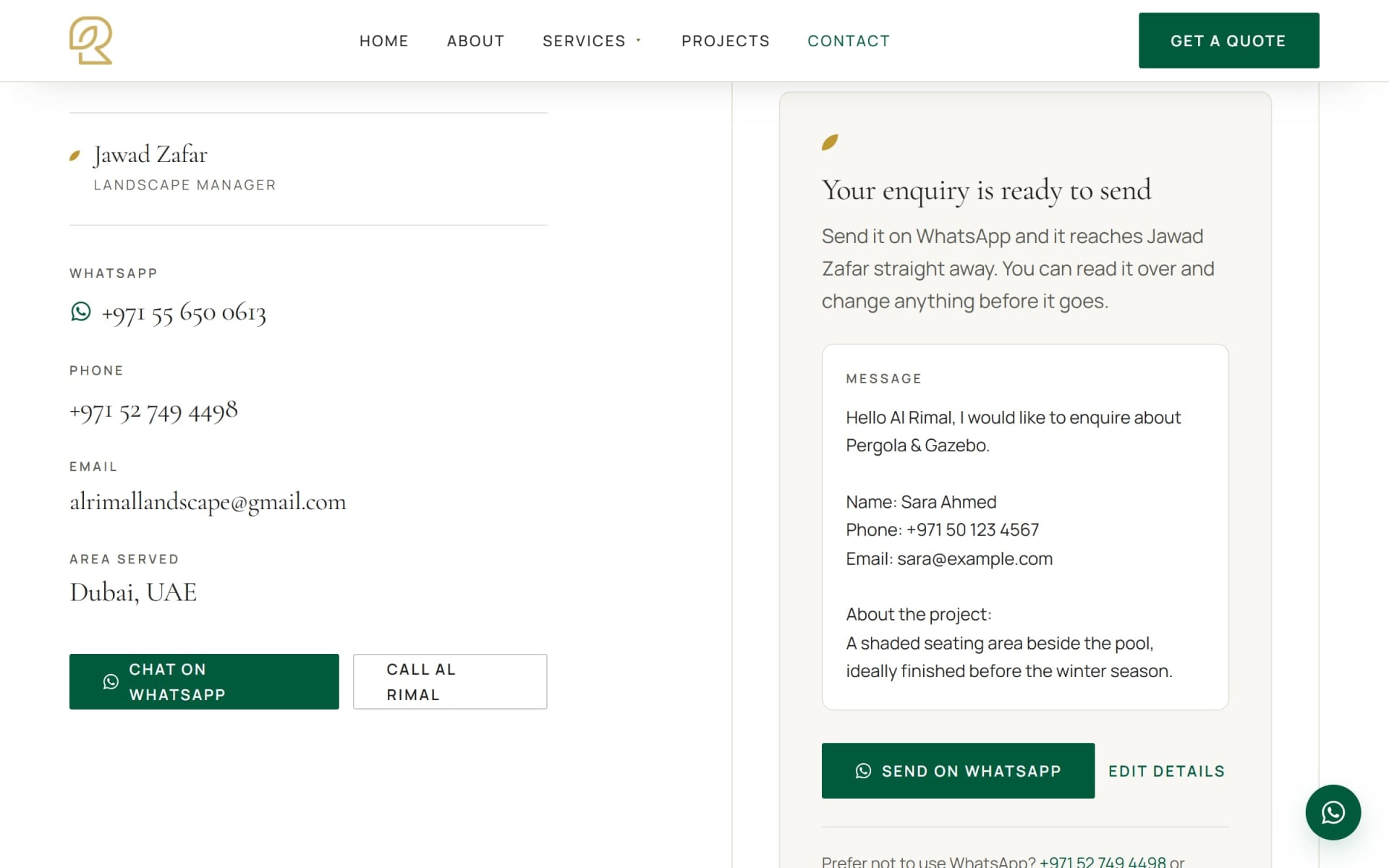 The enquiry form after a valid submission, showing the written message and the Send on WhatsApp button