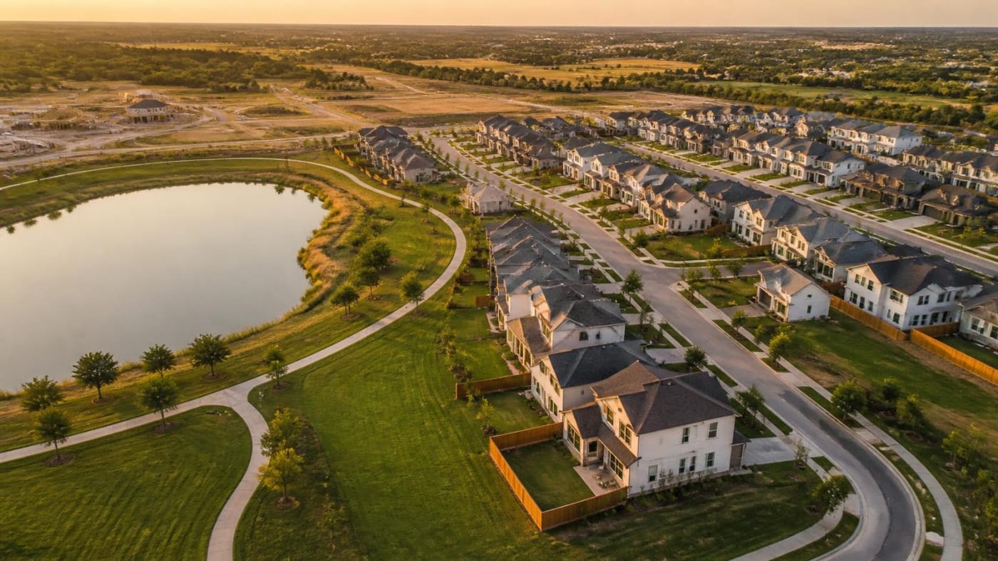 Aerial view of a new master-planned community in Texas