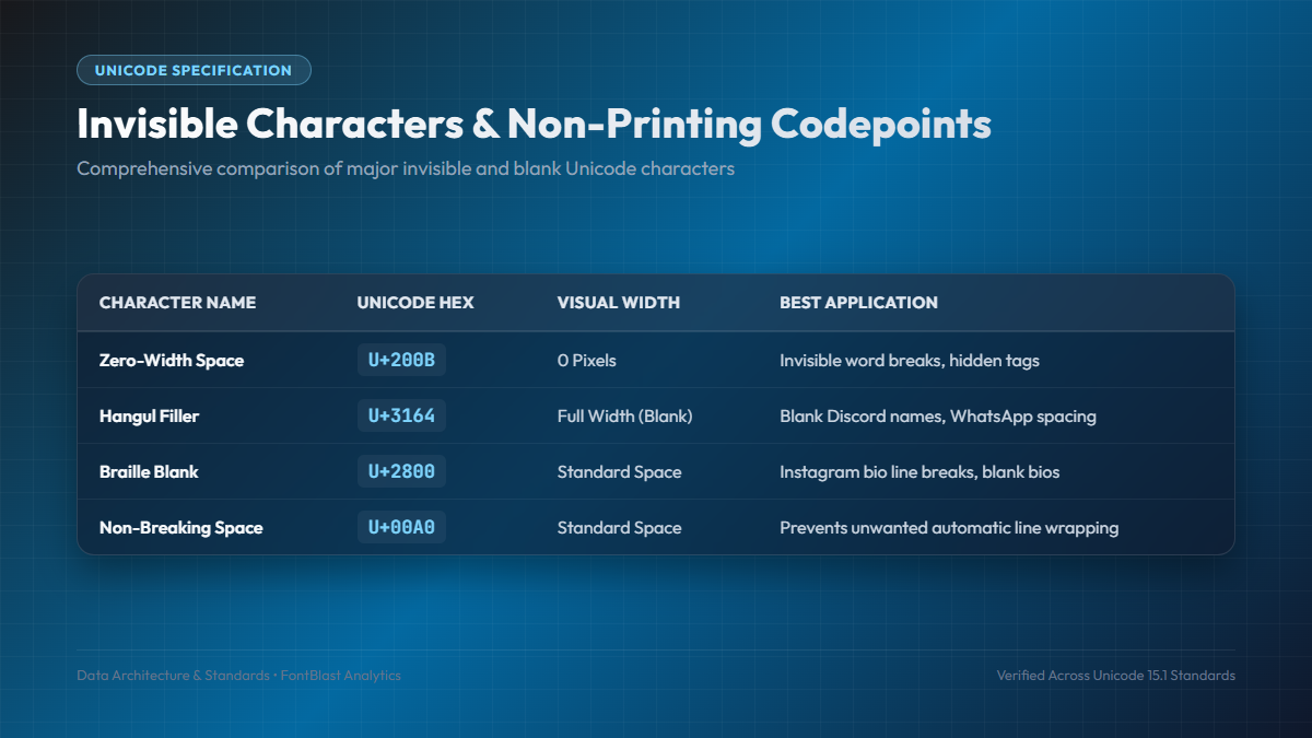 invisible character copy paste non printing codepoint comparison table