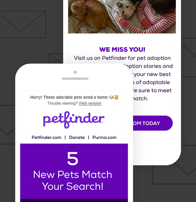 Email mockups for Petfinder on two white iPhones