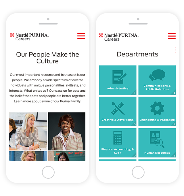 2 mobile phones showing the Nestle Purina Careers website on screen.