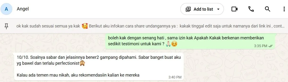 WhatsApp testimonial screenshot from Daniel & Angel about the Invique digital wedding invitation