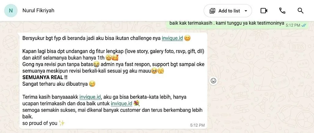 WhatsApp testimonial screenshot from Nurul Fikriyah about the Invique digital wedding invitation