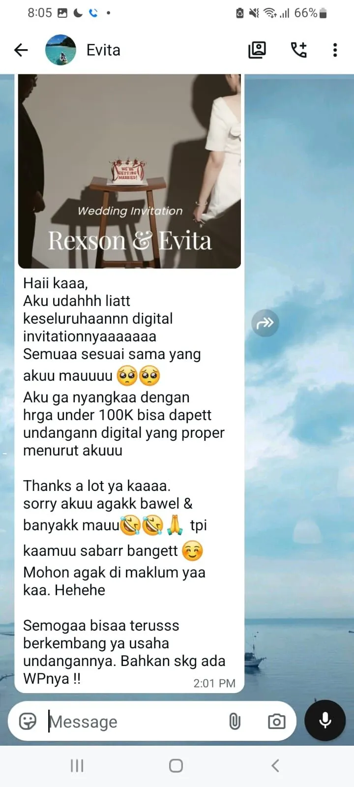 WhatsApp testimonial screenshot from Rexson & Evita about the Invique digital wedding invitation