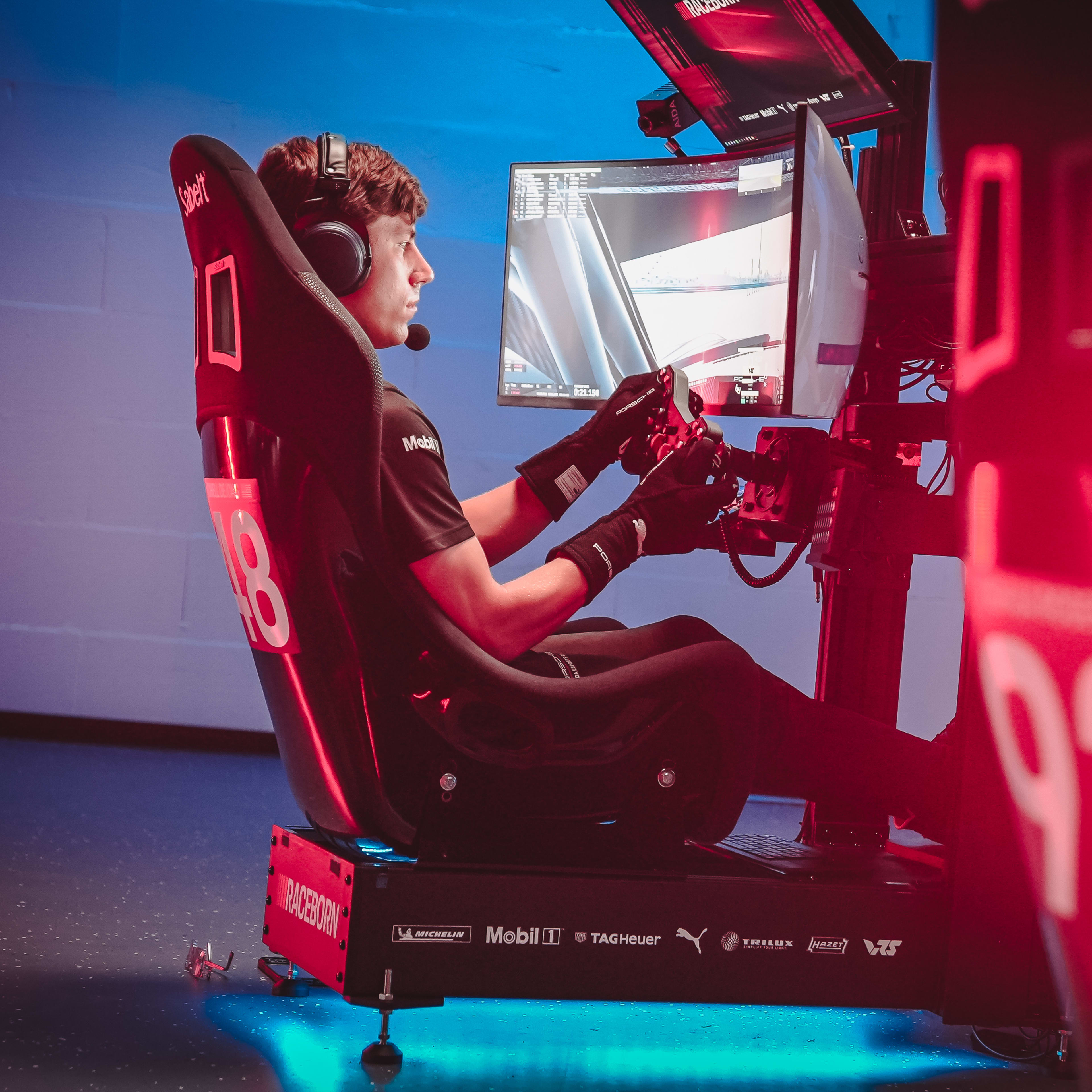 Porsche ESL Race car driver driving Daytona in sim rig 