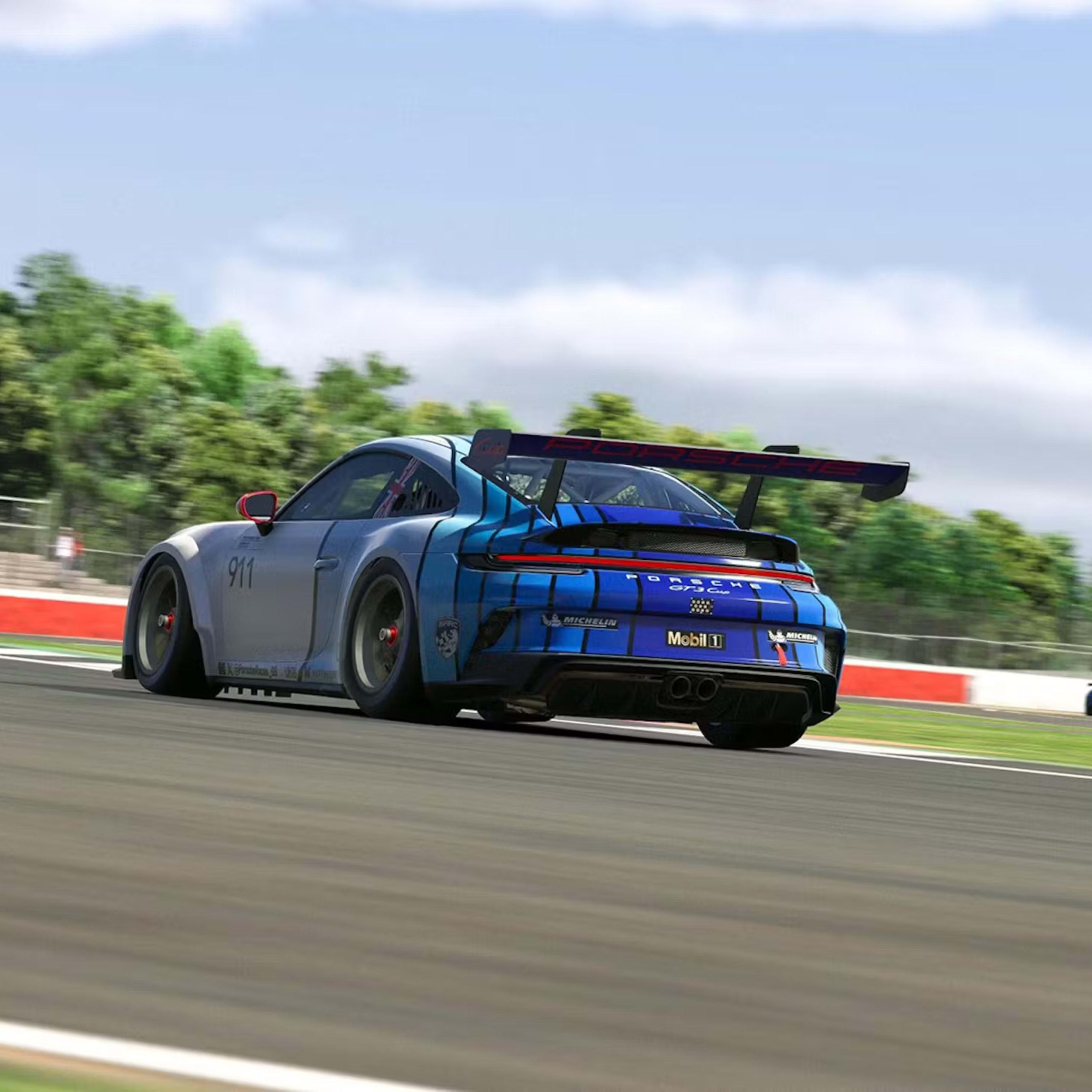 Rear view of a virtual 718 Cayman racing on Silverstone about to take a corner